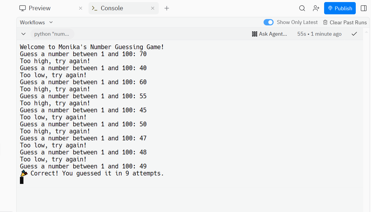 Screenshot of Number Guessing Game